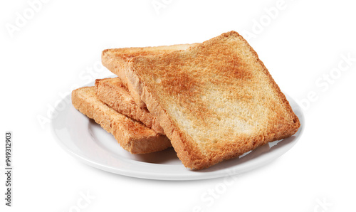 Delicious slices of toasted bread isolated on white