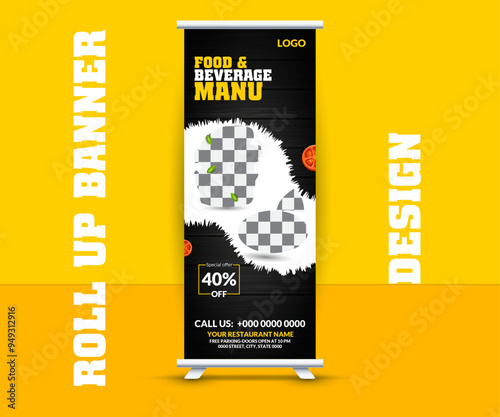 Fast food restaurant business marketing roll up banner template design with abstract background. Pizza, burger and healthy food sale web banner, rack card. Vector template 