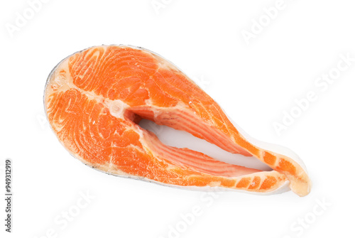 One fresh salmon steak isolated on white, top view