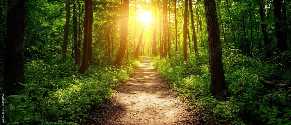 Fototapeta premium Lush Green Forest Path with Filtered Sunlight Radiating a Peaceful Mood and Ample Space for Text