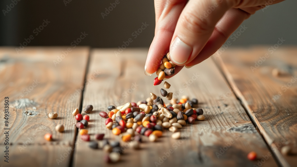 Hand Pouring Colorful Seeds onto Wooden Surface Hand Pouring Colorful Seeds onto Wooden Surface