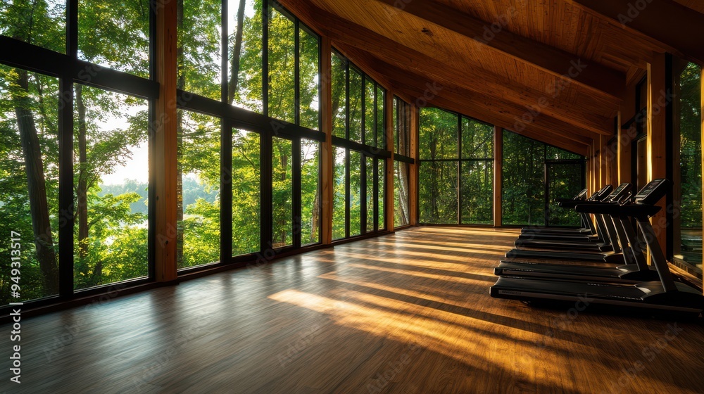A gym with a lot of windows and treadmills. The room is very bright and spacious A gym with a lot of windows and treadmills. The room is very bright and spacious