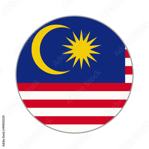 The flag of Malaysia. Flag icon. Standard color. Round flag. Computer illustration. Digital illustration. Vector illustration.