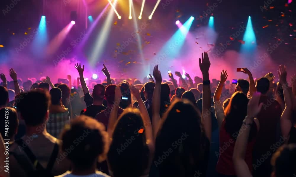 Crowd at a Concert with Colorful Lights and Confetti