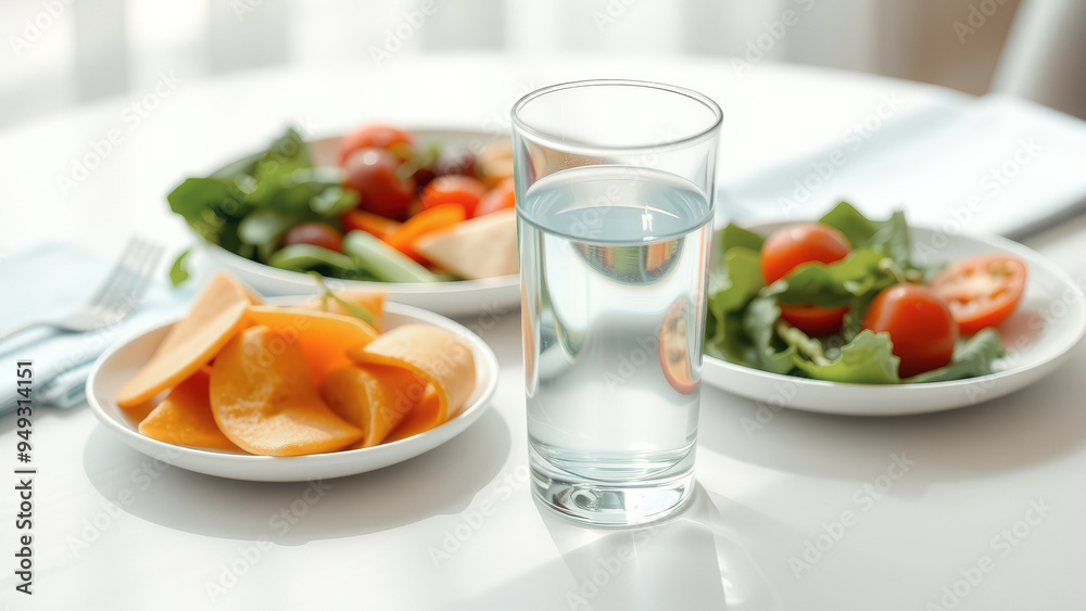 Glass of Water with Fruit Salad and Vegetable Salad on White Table Glass of Water with Fruit Salad and Vegetable Salad on White Table