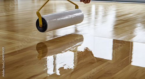 A Person Applying Varnish to the Floor of an Empty Room, Showcasing the Careful Attention to Detail and Craftsmanship in Home Improvement, Highlighting the Process of Flooring Maintenance and Renovati photo