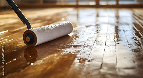 A Person Applying Varnish to the Floor of an Empty Room, Showcasing the Careful Attention to Detail and Craftsmanship in Home Improvement, Highlighting the Process of Flooring Maintenance and Renovati photo