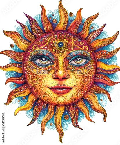A vibrant sun illustration featuring a face, intricate patterns, and colorful rays.