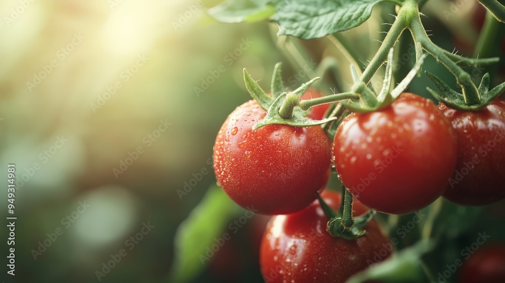Fresh red tomatoes hanging on a vine with dewdrops in a sunny garden. Vibrant and healthy produce ready for harvest and consumption. Fresh red tomatoes hanging on a vine with dewdrops in a sunny garden. Vibrant and healthy produce ready for harvest and consumption.