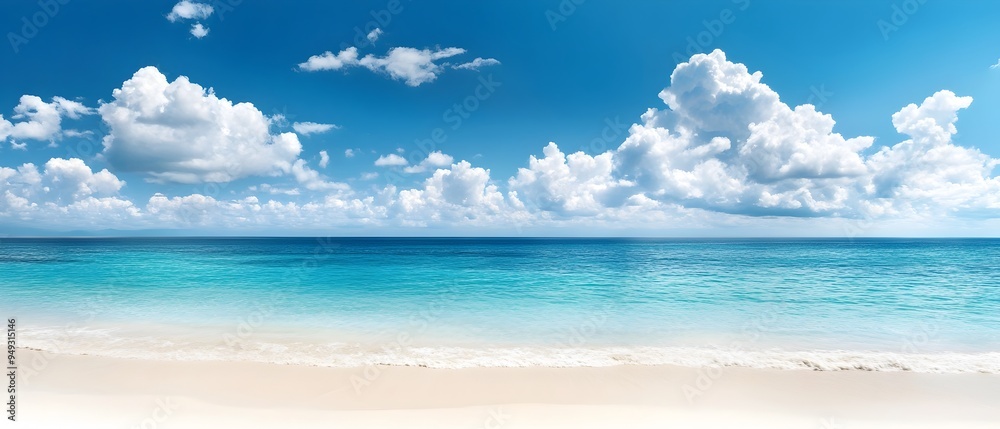 Panoramic Beach Landscape with Turquoise Water and White Sand Under Clear Sky Panoramic Beach Landscape with Turquoise Water and White Sand Under Clear Sky