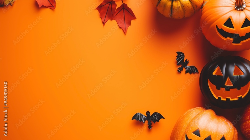 Bannière fête d'Halloween. Décoration d'halloween sur fond orange, squelette, citrouille, chauve souris, araignée Bannière fête d'Halloween. Décoration d'halloween sur fond orange, squelette, citrouille, chauve souris, araignée