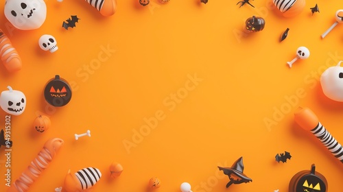 Bannière fête d'Halloween. Décoration d'halloween sur fond orange, squelette, citrouille, chauve souris, araignée photo