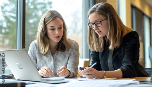 Two Young Women Working Together at a Desk