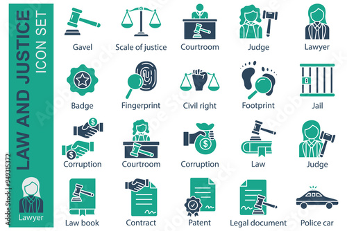 Law icon set. solid icon style. icon related to law and justice. scale of justice, judge, corruption, and more.  law element vector illustration