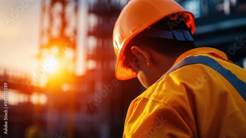 A man in a yellow shirt and orange hat is standing in front of a building. The sun is setting in the background, casting a warm glow on the scene. The man is a construction worker