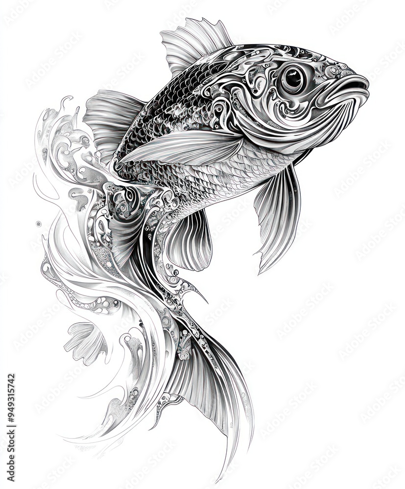 A detailed black and white illustration of a fish with flowing water elements. A detailed black and white illustration of a fish with flowing water elements.