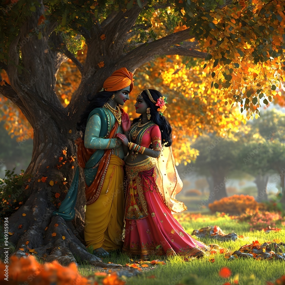 Radha and Krishna Depicted in Cartoon Style 3D Scene in Pastoral Setting Radha and Krishna Depicted in Cartoon Style 3D Scene in Pastoral Setting