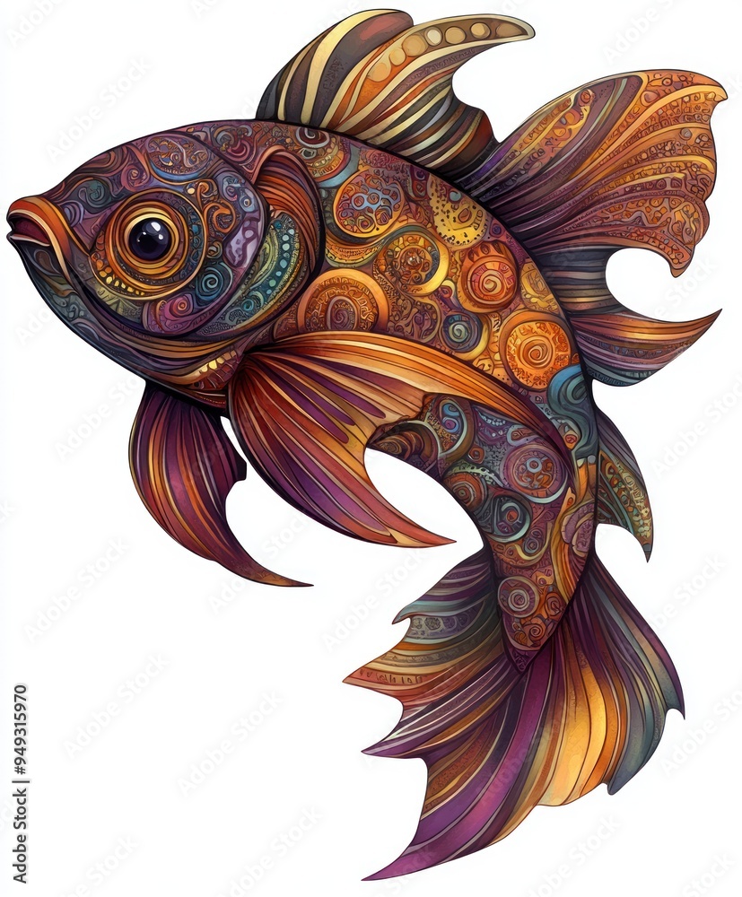 Fototapeta premium A colorful, intricately designed fish illustration showcasing vibrant patterns and textures.