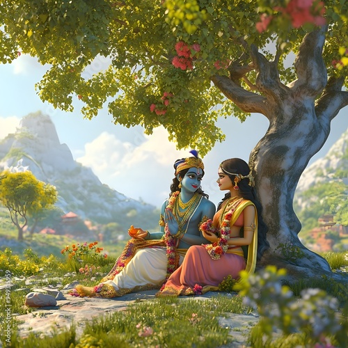 Radha and Krishna in a Serene Pastoral Setting Under a Tree photo