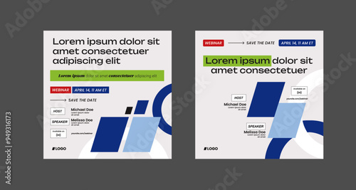 instagram webinar conference social media template post slider carousel banner poster web summit seminar online business flat blue green color background minimal design square size poster templates