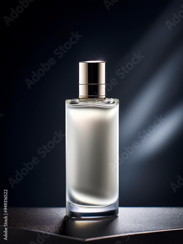 Photo of a bottle of men's perfume, on a dark background, layout for a cosmetic product