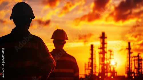 Two men in safety gear stand in front of a sunset, looking at the horizon. The sky is orange and the sun is setting, casting a warm glow over the scene