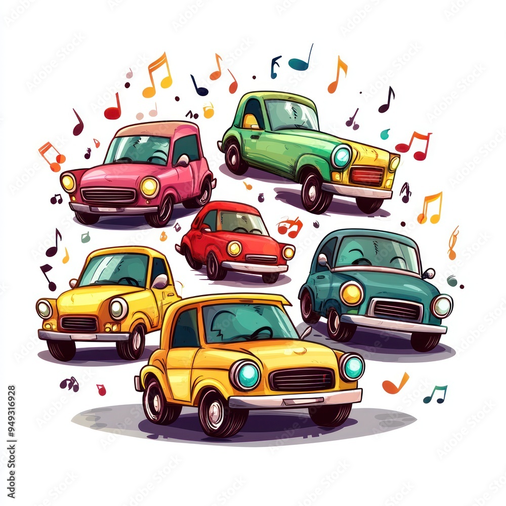 Cute Cartoon Cars Illustration with Musical Notes Cute Cartoon Cars Illustration with Musical Notes