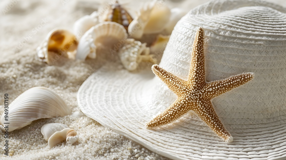 Starfish on Sun Hat with Seashell and Sand Textured Background Starfish on Sun Hat with Seashell and Sand Textured Background