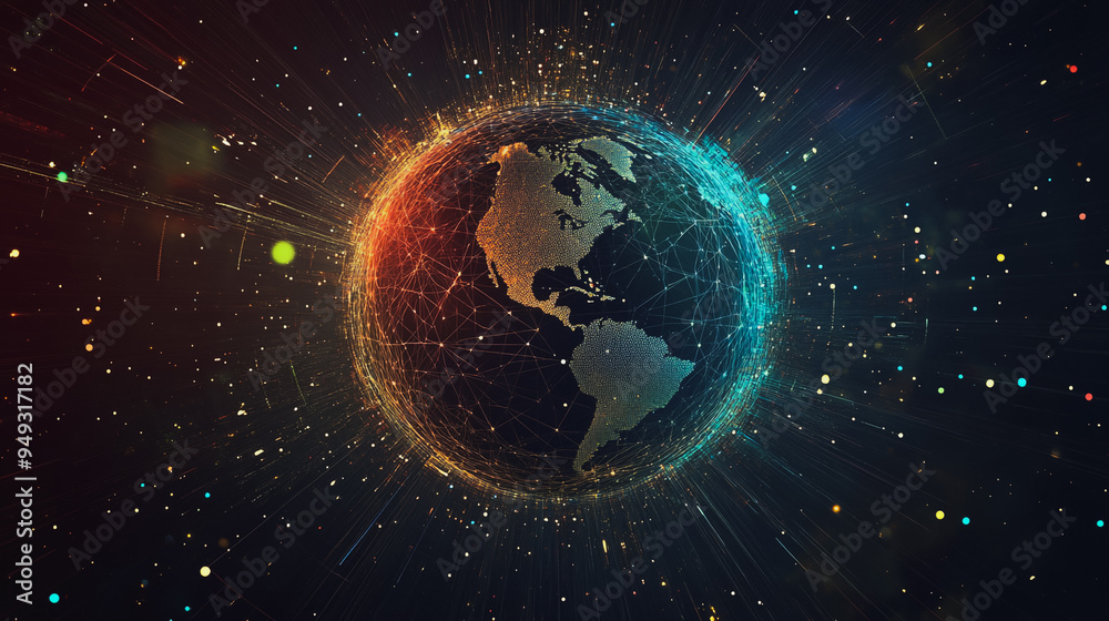 Obraz premium Abstract colorful business connection of lines from nodes It is connected to endless nodes and represents the innovation of communication cyber security in the network with black background