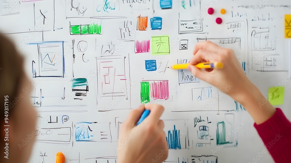 Strategizing Business Plan on Color Coded Whiteboard with Hands Pointing Strategizing Business Plan on Color Coded Whiteboard with Hands Pointing