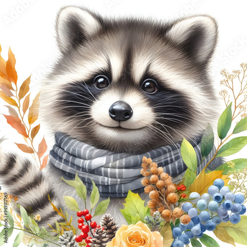 흰 배경, 너구리, 수채화 (White background, raccoon, water colour) photo