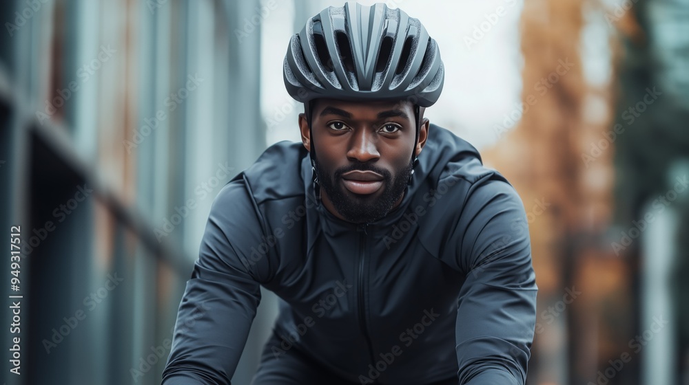 A cyclist in a sleek black outfit and helmet navigates through an urban environment, showcasing determination and focus amidst the vibrant autumn backdrop of the city. A cyclist in a sleek black outfit and helmet navigates through an urban environment, showcasing determination and focus amidst the vibrant autumn backdrop of the city.