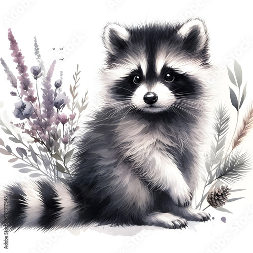 흰 배경, 너구리, 수채화 (White background, raccoon, water colour) photo