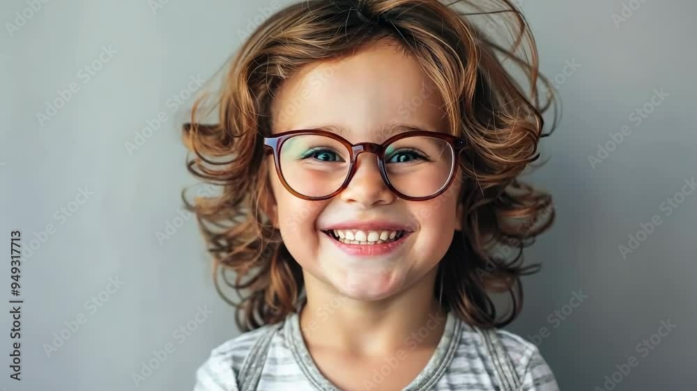 Cheerful child with glasses smiles brightly against a neutral background during a playful indoor moment in daylight Cheerful child with glasses smiles brightly against a neutral background during a playful indoor moment in daylight