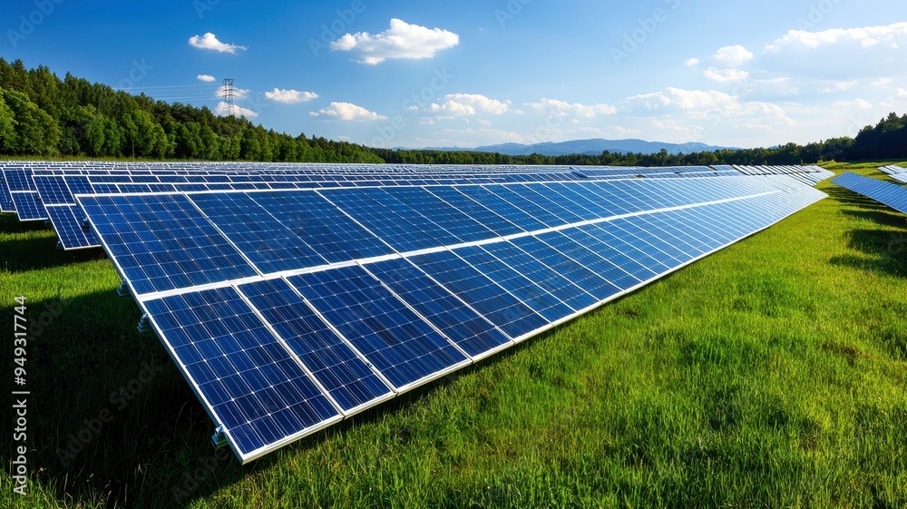 A wide view of solar panels in a green field, showcasing renewable energy and sustainable technology under a clear blue sky. A wide view of solar panels in a green field, showcasing renewable energy and sustainable technology under a clear blue sky.