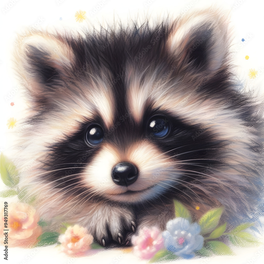 Obraz premium 흰 배경, 너구리, 파스텔화 (White background, raccoon, pastel painting)