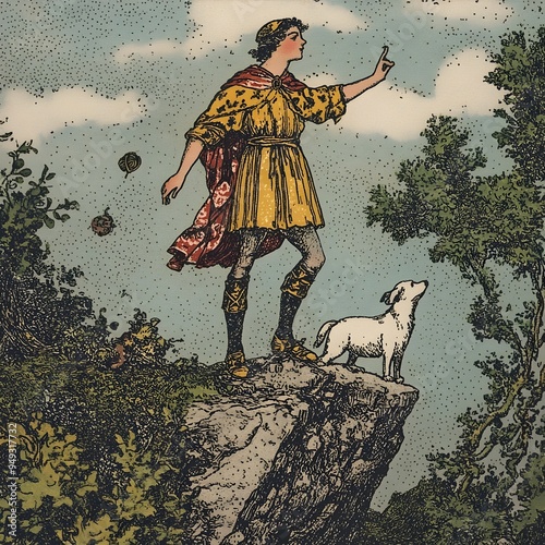 The Fool Tarot Card Character Stepping off Cliff Edge with Dog Beside photo