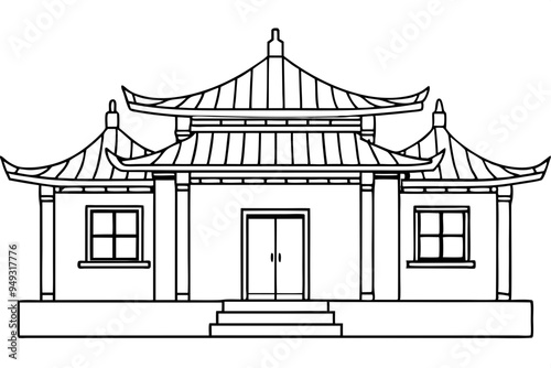 Chinese house line art vector illustration, chinese building outline, Chinese pagoda roof 