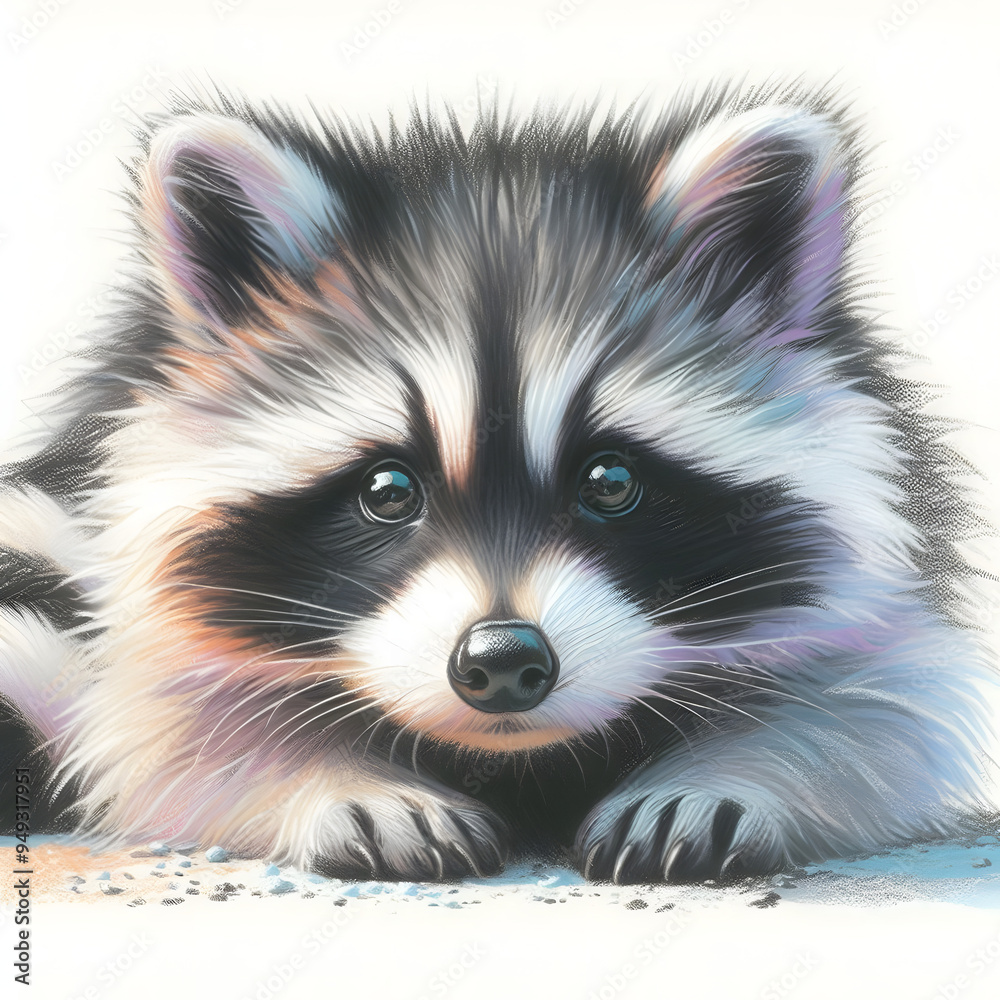 흰 배경, 너구리, 파스텔화 (White background, raccoon, pastel painting) 흰 배경, 너구리, 파스텔화 (White background, raccoon, pastel painting)