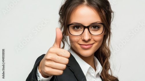 A confident businesswoman is smiling and showing a thumbs-up while dressed professionally in a studio during an event