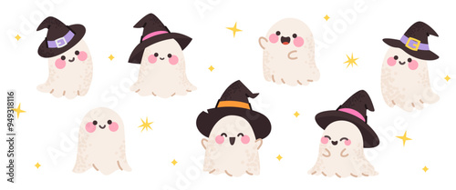 Set of cute ghosts with different emotions and wearing a witch's hat surrounded by stars, isolated on a white background