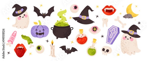 Halloween holiday set elements set, vector illustration, isolated on white background 