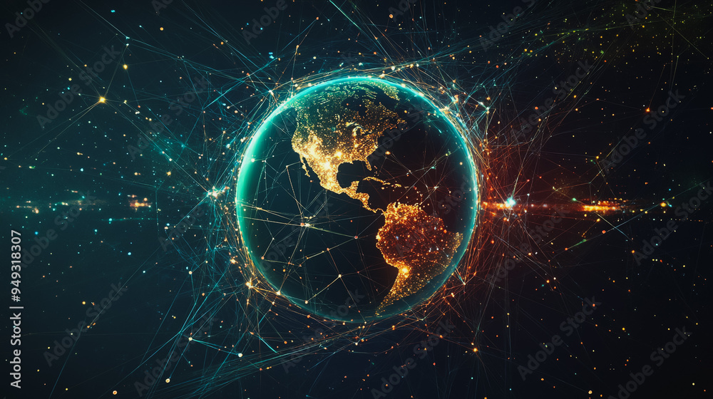 Obraz premium Abstract colorful business connection of lines from nodes It is connected to endless nodes and represents the innovation of communication cyber security in the network with black background