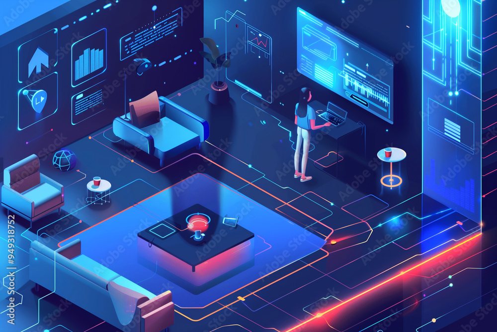 Woman setting modern Smart home technology connected appliances with wireless Innovation technology internet Network. System intelligent control house. Woman setting modern Smart home technology connected appliances with wireless Innovation technology internet Network. System intelligent control house.