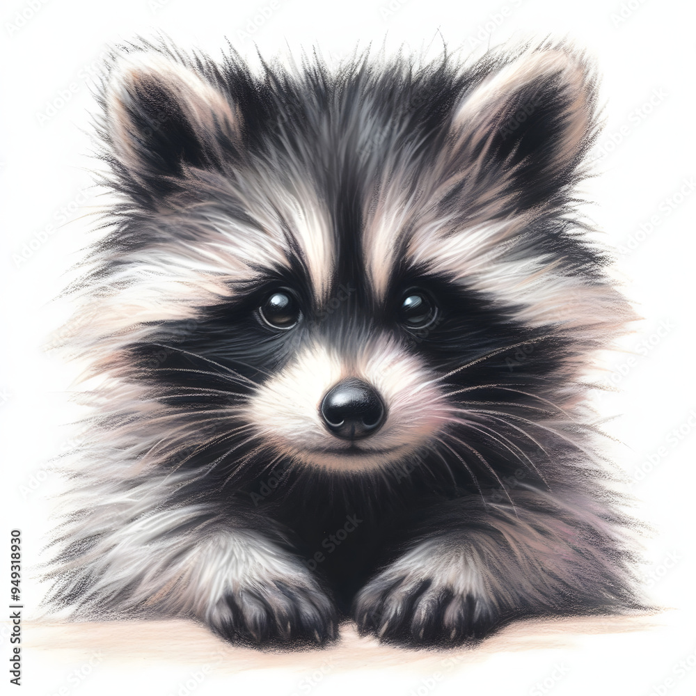 Obraz premium 흰 배경, 너구리, 파스텔화 (White background, raccoon, pastel painting)