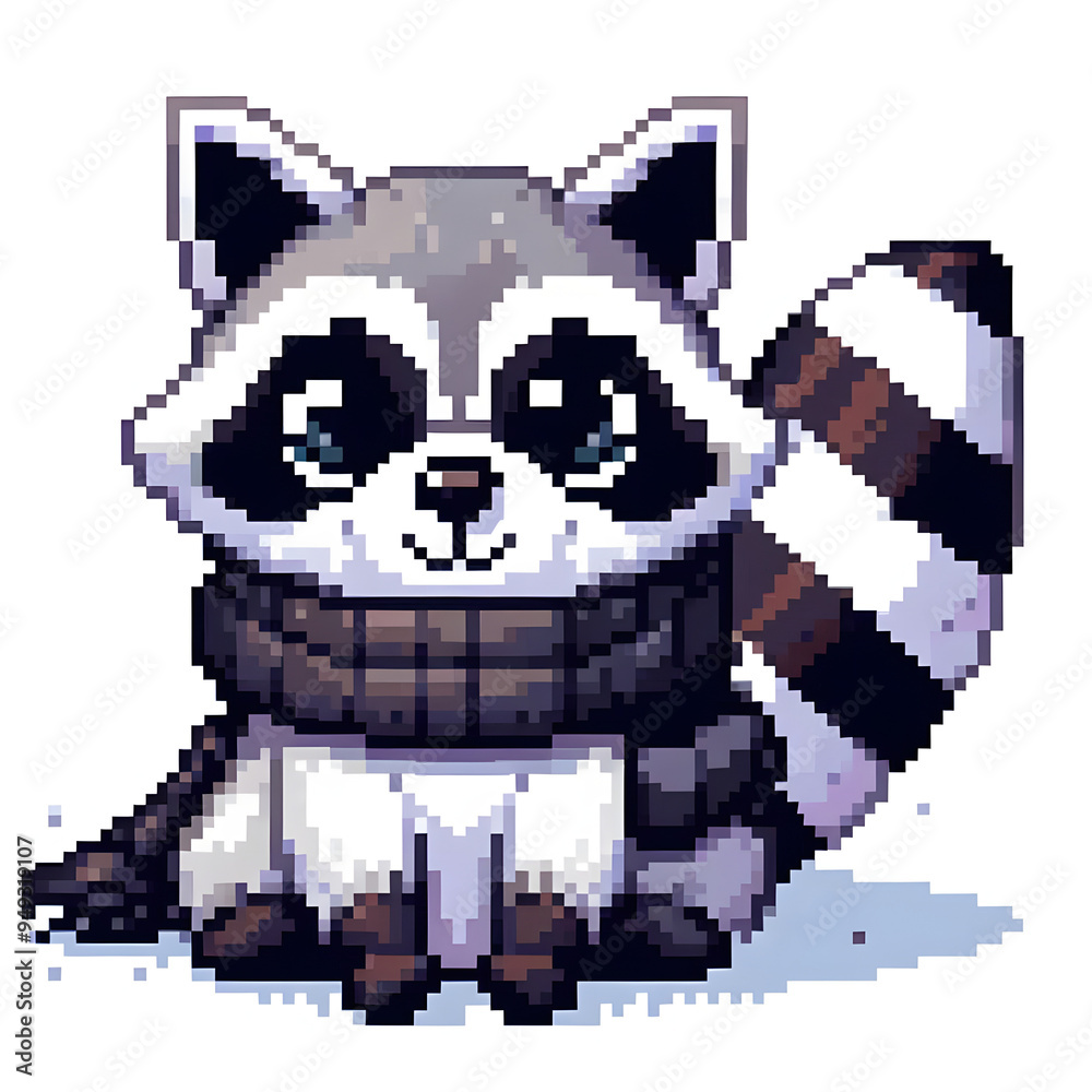 Obraz premium 흰 배경, 너구리, 픽셀아트 (White background, Raccoon, pixel art)