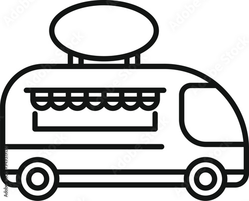 Outline icon of a food truck offering street food with big empty banner for your advertisement