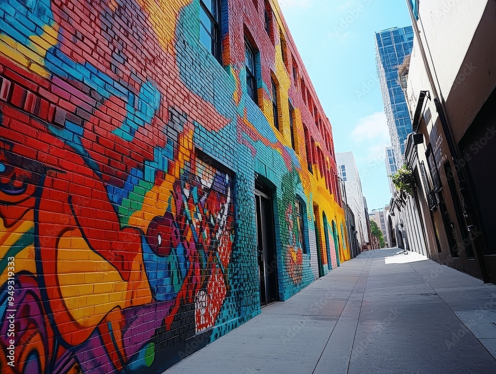 Fototapeta premium Colorful Urban Street Art on Brick Wall in Modern City Alley with Bright Blue Sky