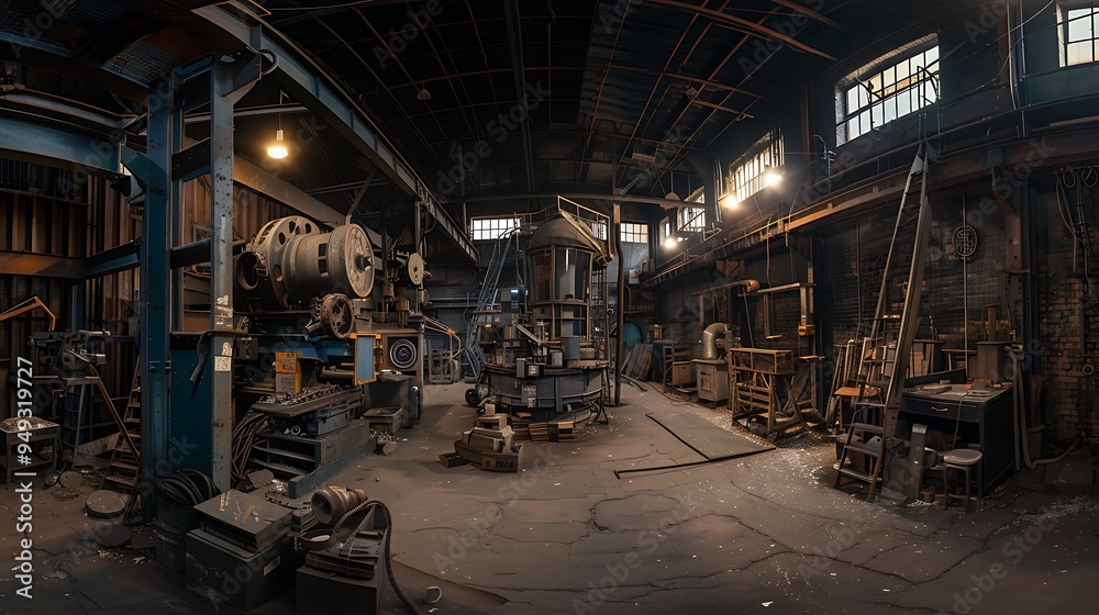 Panoramic view of a coin forgery workshop set in an abandoned warehouse with multiple stations for different parts of the forgery process The scene captures the scale and complexity of the operation Panoramic view of a coin forgery workshop set in an abandoned warehouse with multiple stations for different parts of the forgery process The scene captures the scale and complexity of the operation