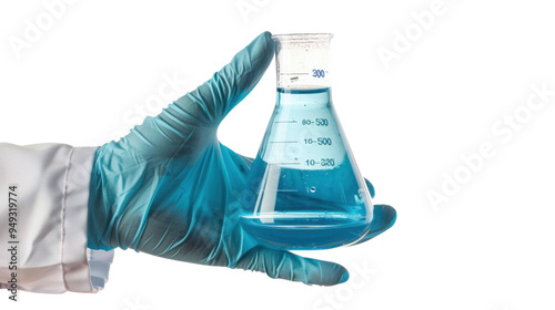 Scientist hand holding flask with chemistry liquid isolated on white background photo